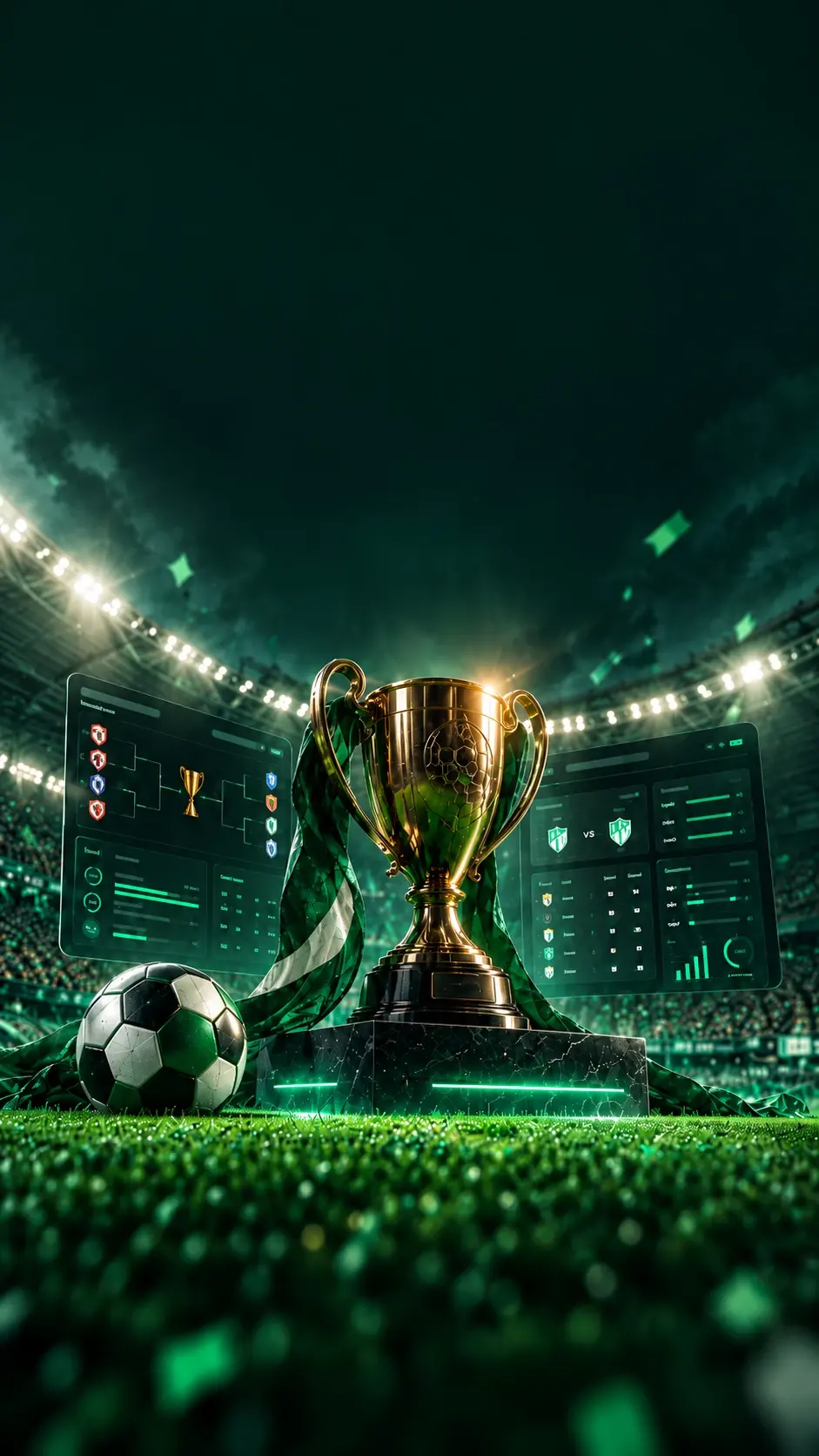 كأس بطولة ذهبي في ملعب مضاء، تحيط به لوحات تنظيم البطولة الرقمية
